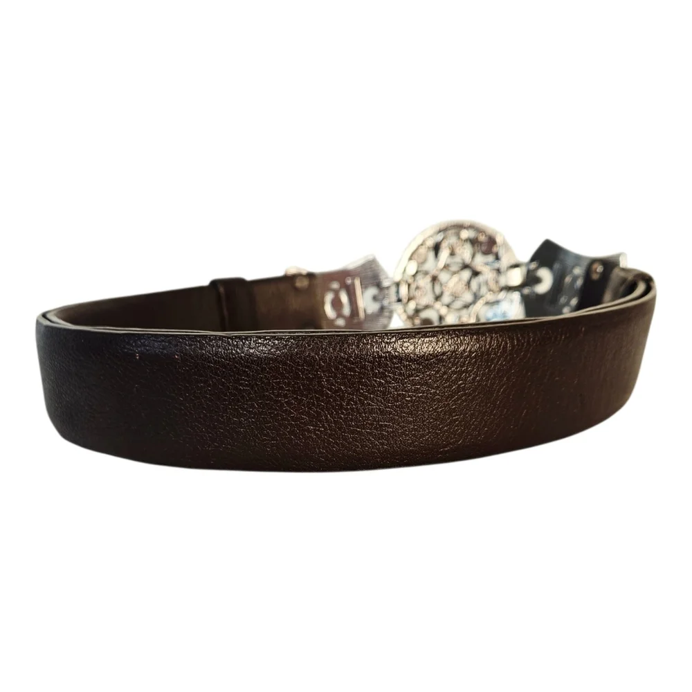 Chico's Brown Leather Western Belt Rhinestone Statement Buckle Boho M/L